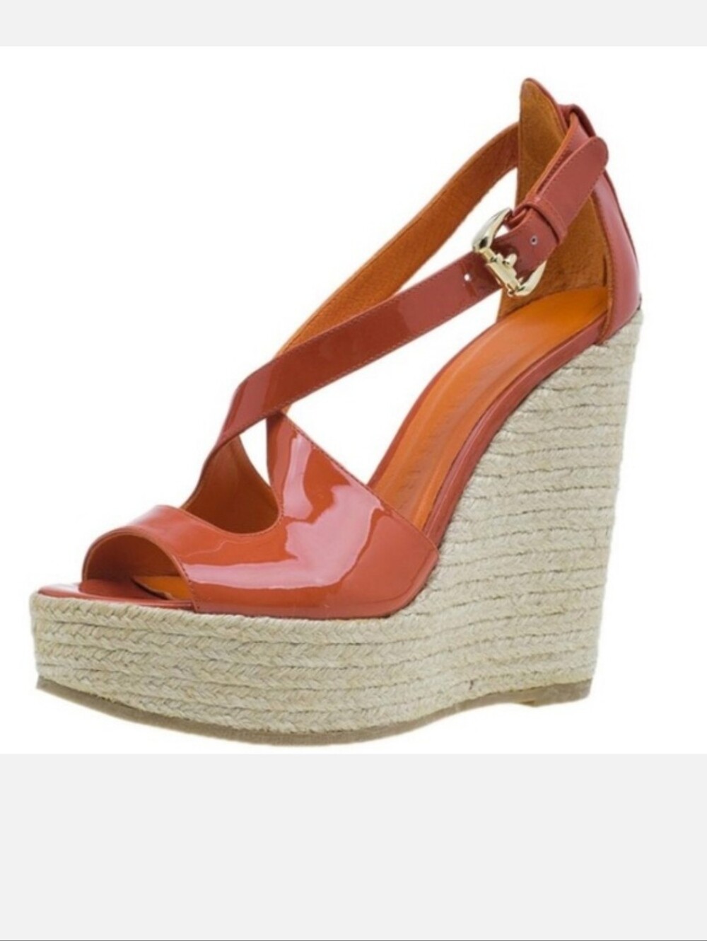 Burberry Abbott Patent Leather Orange Espadrilles Wedges Sz36
